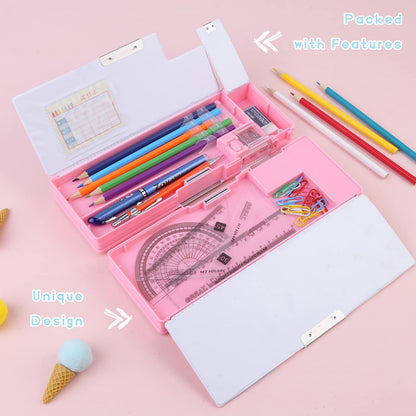 LilyBeauty Pop Up Multifunction Pencil Case for Girls and Boys, Cute Cartoon Pen Box Organizer Stationery with Sharpener, Schedule, School Supplies, Best Birthday Gifts for Kids【Pink-Bear】