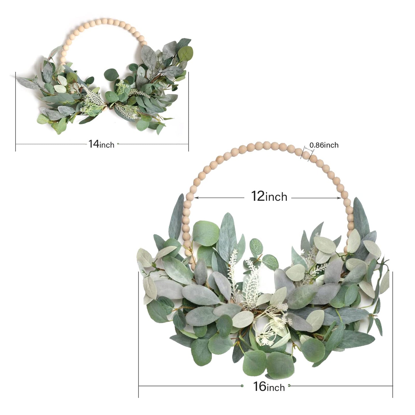 TEMPUS 2Pcs 16" Artificial Eucalyptus Wreaths - Handmade Wooden Bead & Lamb's Ear Spring Wreaths for Front Door, Farmhouse Wall Decor, Holiday Party