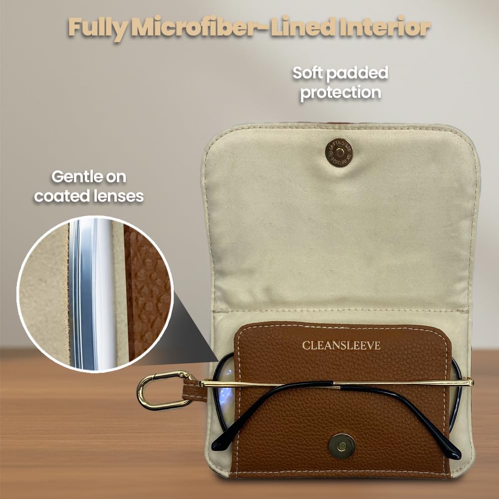 Chrome Cherry CleanSleeve Soft Eyewear Case with Integrated Microfiber Cloth – Slim, Scratch Protection Pouch for Glasses & Sunglasses, Lightweight PU Leather Sleeve with Clip (Not a Hard Case)