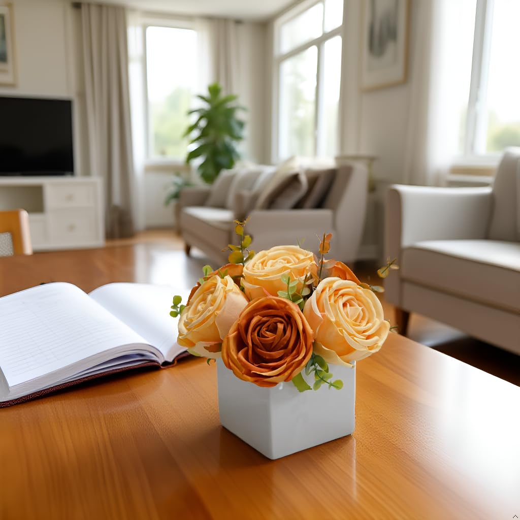 LADADA Artificial Roses in White Ceramic Vase, Faux Silk Flowers with Eucalyptus, Fake Floral Centerpiece for Home Wedding Party Table Decor