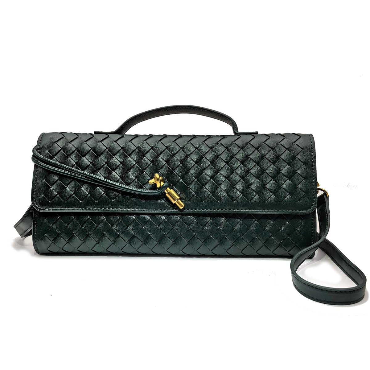 Qiannaura Formal Clutch Purses for Women Evening Woven Leather Large Clutch for Weddings & Parties | Convertible Shoulder Bag, Dark Green