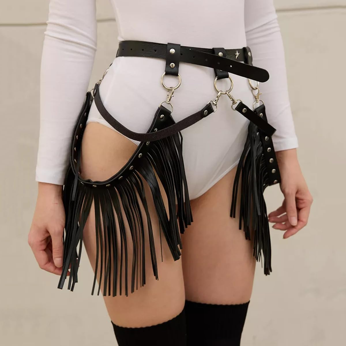 Body Harness Belt for Women | Leather Fringe Tassel Waist Chain | Gothic Cowgirl Western Chaps Style Belt | Rave Party Festival Nightclub Costume Accessories