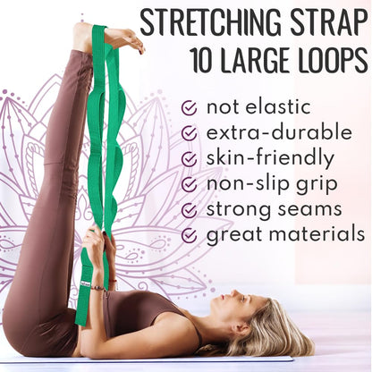 TECEUM Soft Cotton Stretching Strap for Sensitive Skin – Yoga Strap for Physical Therapy – 10 Loops Non-Elastic Stretch Band for Flexibility, Hamstring, Pilates & Rehab