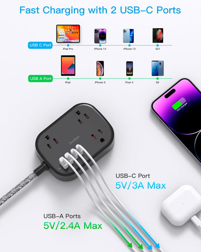 Cruise Essentials 2025,One Beat Travel Power Strip with USB C,Flat Plug Extension Cord with 3 Outlets 4 USB Ports(2 USB C),5 ft Desk Wall Outlet Extender,Non Surge Protector for Cruise,Dorm Room,ETL