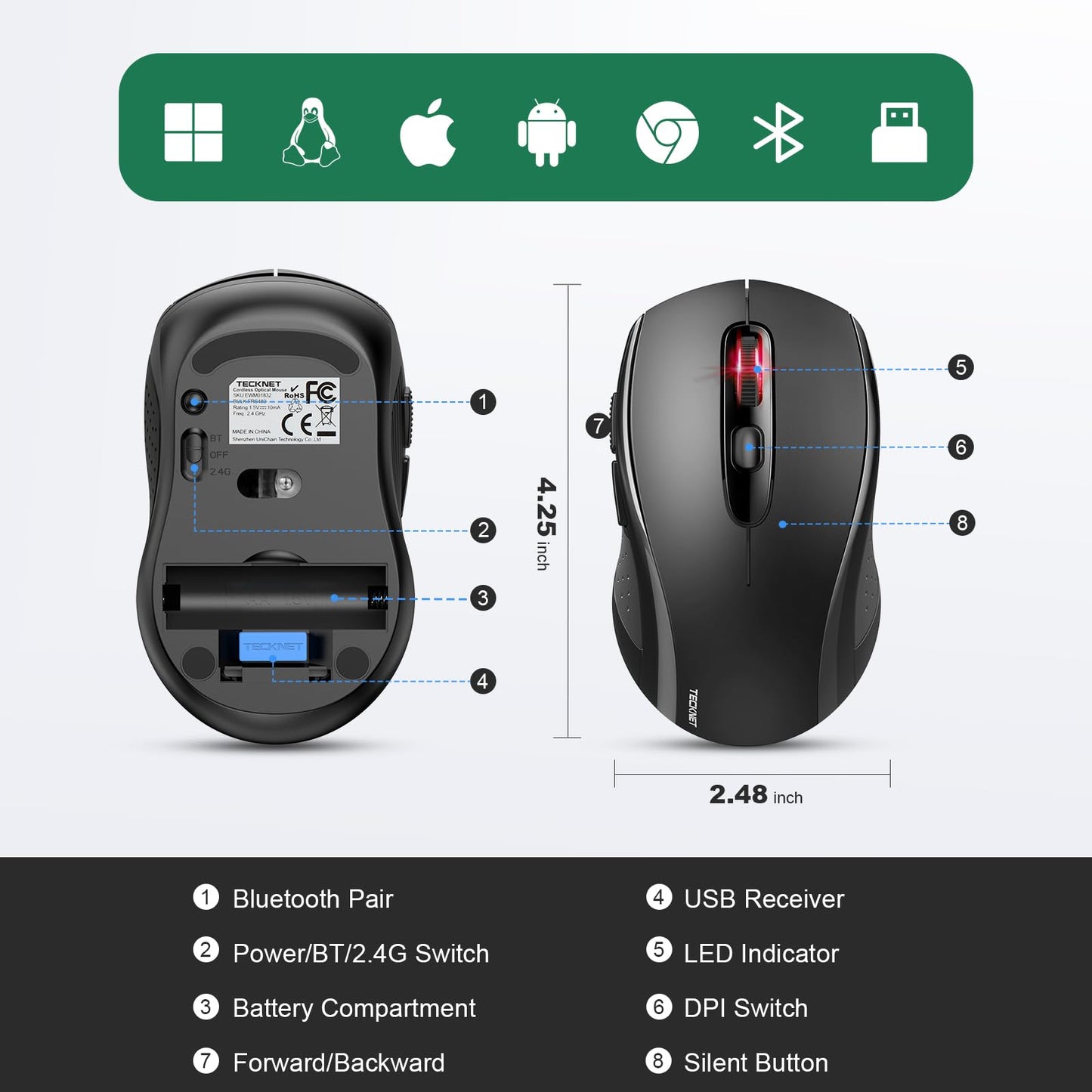 TECKNET Wireless Mouse for Laptop, Silent Bluetooth Mouse(BT5.0 & 2.4G) 4000DPI Adjustable, Computer Portable PC Quiet Mice with USB-A Receiver & 6 Buttons for Mac, 18 Months Battery