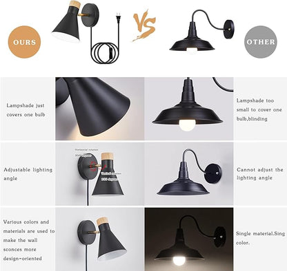 Wall Sconce Set of 2, Wall Sconce with Metal Shade, Plug Switch, Indoor Decor Wall Mount Swing Arm Lamp for Bedroom,Hallway,Living Room,Reading, Black