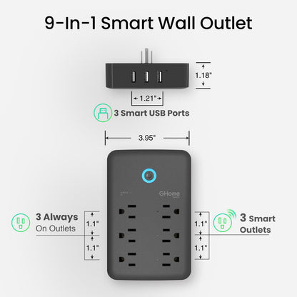 GHome Smart Plug Outlet Extender, USB Wall Charger with 3 Individual Smart Outlets and 3 Smart USB Ports, Works with Alexa Google Home, Surge Protector Plug Extender for APP Control,15A/1800W