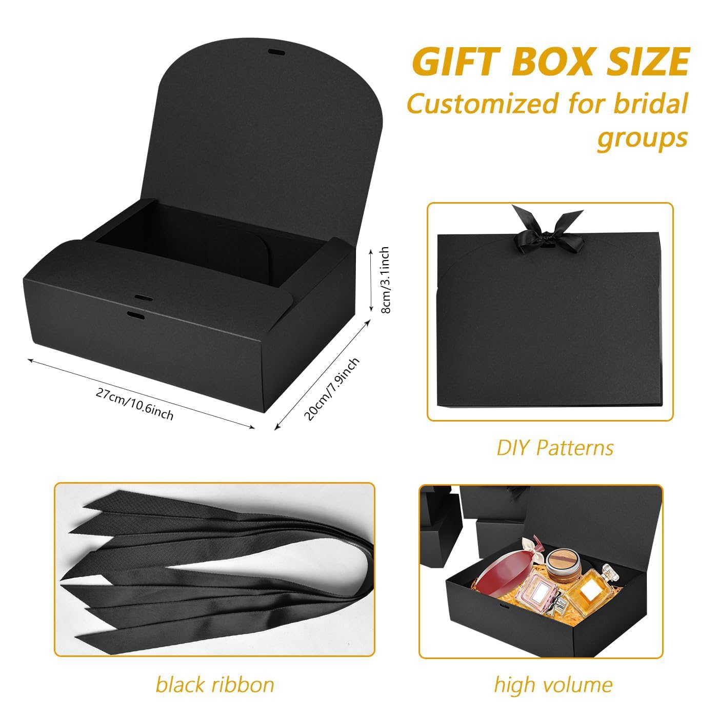 WLUSEAXI 15Pack Gift Boxes with Lids, 10.6x7.8x3.1 Inches Bridesmaid Proposal Boxes with Ribbon, Black Gift Boxes for Presents,Kraft Paper Boxes for Wedding Christmas Birthday Baby Shower Party