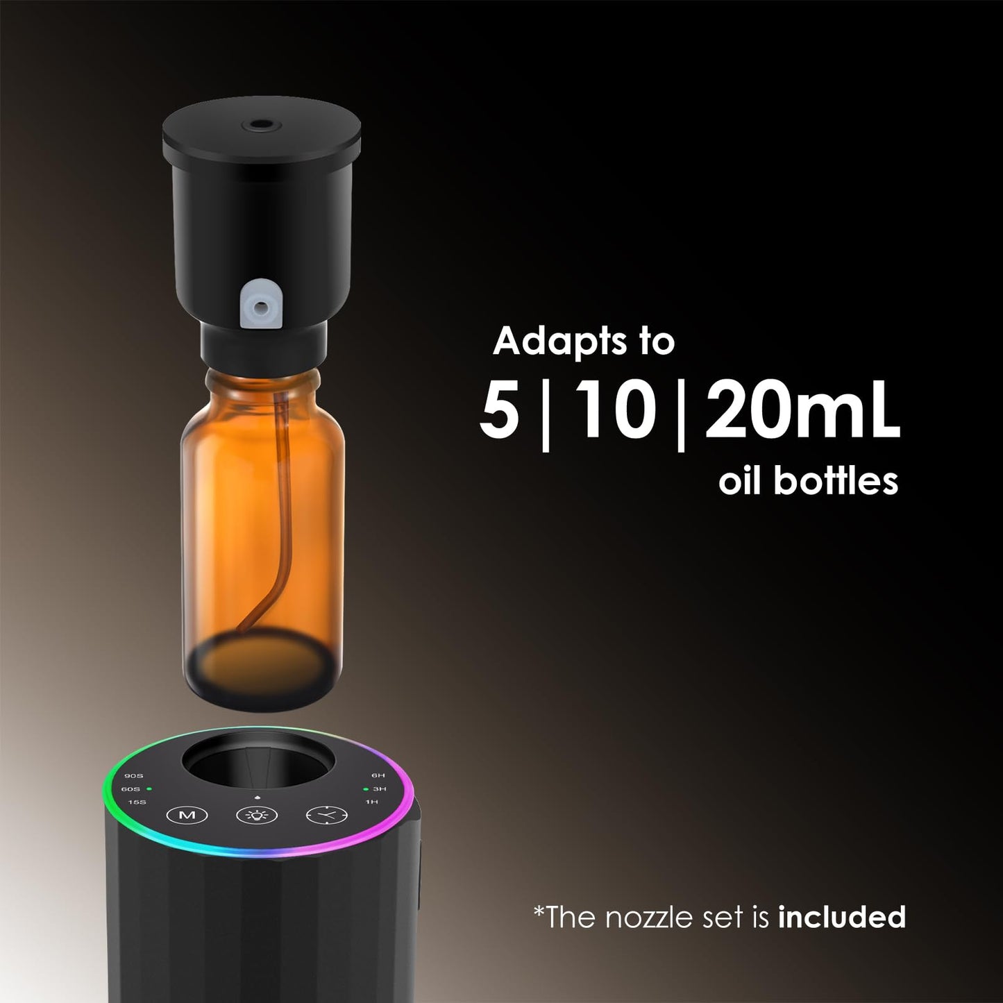 Waterless Essential Oil Diffuser, 7 Colors LED Light, Battery Powered Mini Scent Air Machine, Aromatherapy Mist Diffuser for Home Room Car Office，Black Aluminum Alloy (Black) (Black)