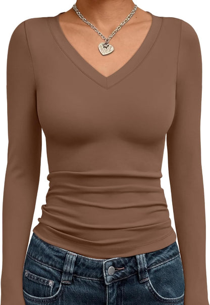 Trendy Queen Long Sleeve Shirts for Women 2025 Fall Fashion V Neck Basics Crop Tops Slim Fitted Y2K Tops Outfits Clothes