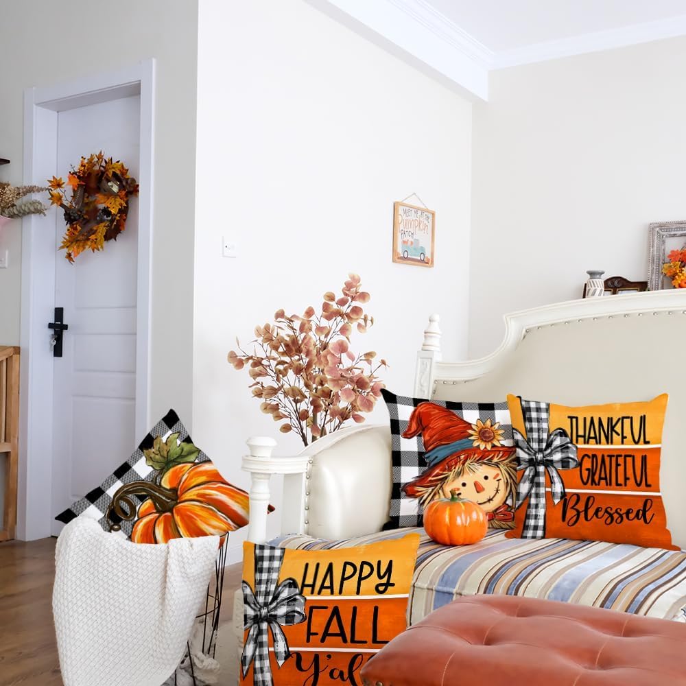 GEEORY Fall Buffalo Plaid Pumpkin Scarecrow Pillow Covers 18x18 Set 4