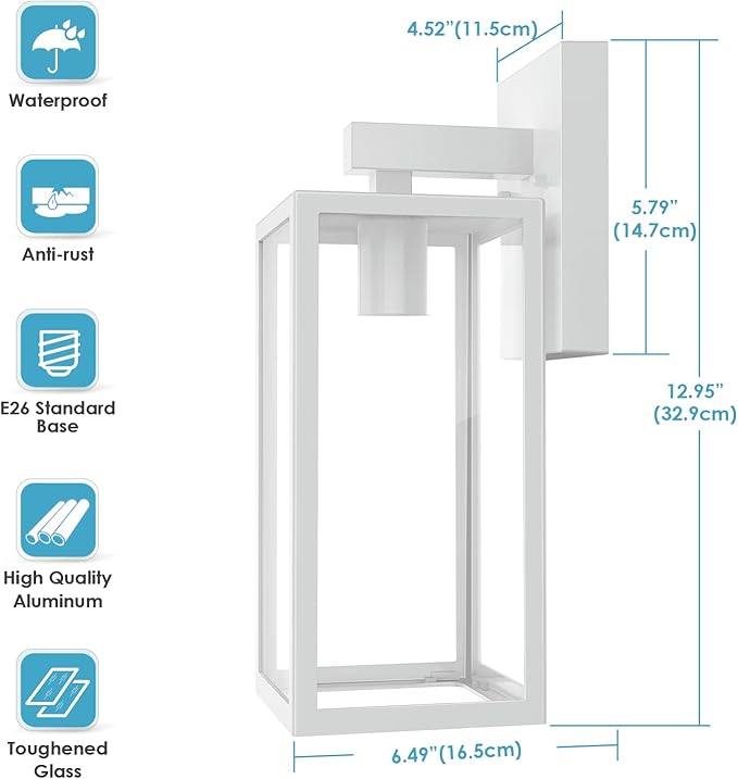 MAXvolador Outdoor Wall Sconce, Exterior Waterproof Lantern Light Fixtures, White Porch Light Toughened Glass, Anti-Rust E26 Patio Lighting, 2 Pack