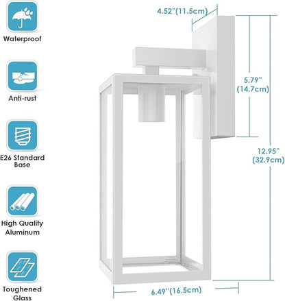 MAXvolador Outdoor Wall Sconce, Exterior Waterproof Lantern Light Fixtures, White Porch Light Toughened Glass, Anti-Rust E26 Patio Lighting, 2 Pack