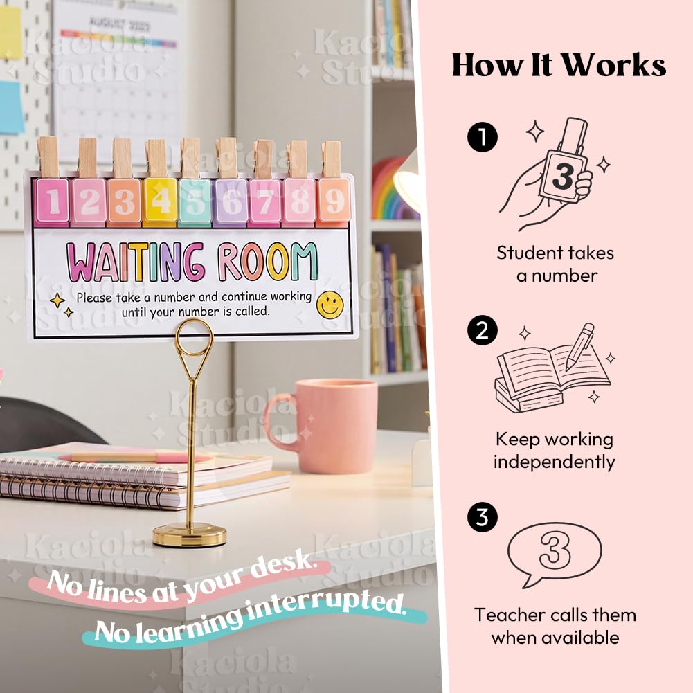 KACIOLA STUDIO Teacher Classroom Management Tools, Waiting Room Sign with Wooden Number Clips, Teacher's Helper Waiting Room Poster, Please Take a Number Classroom Poster for Student Management-Cute