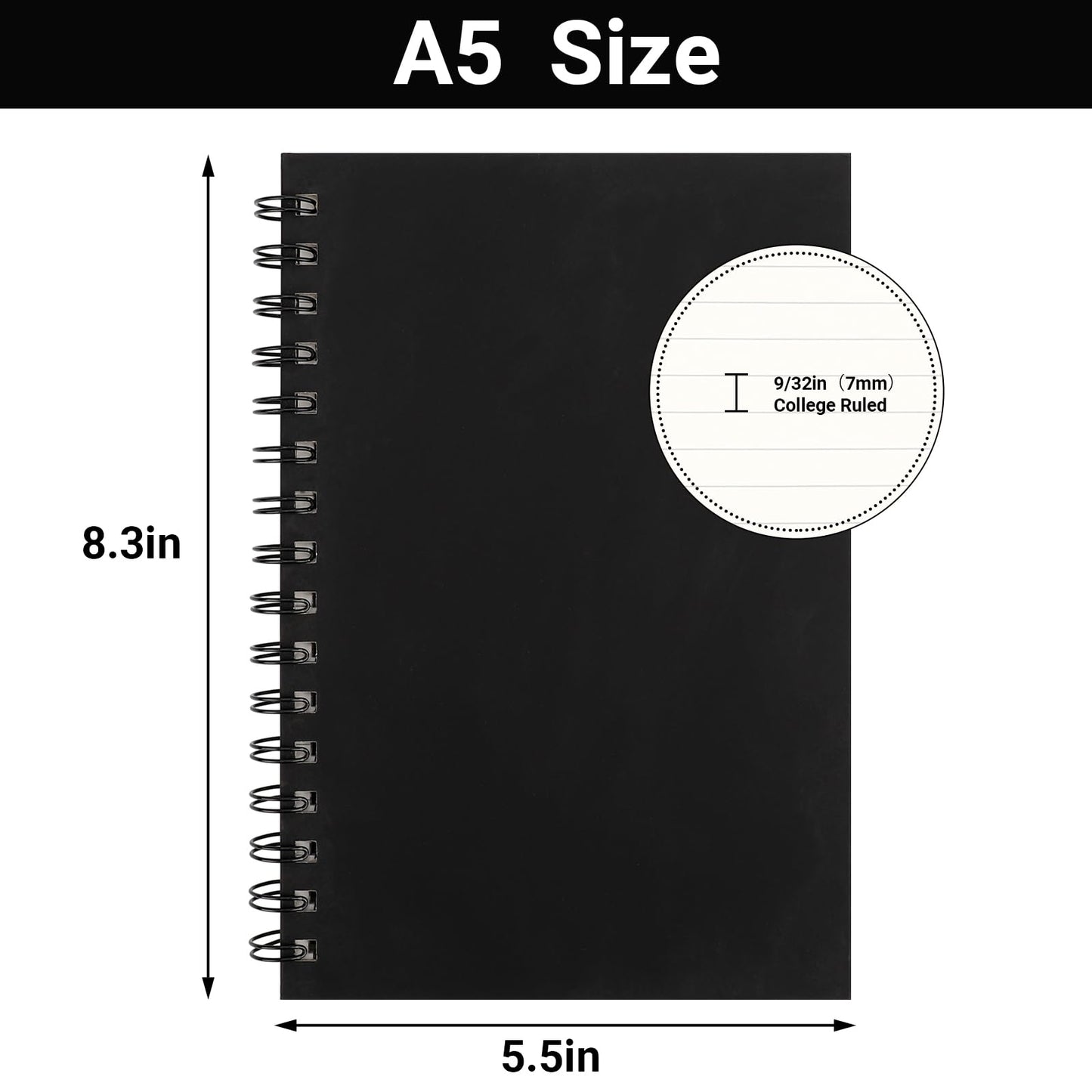EUSOAR Spiral College Ruled Notebook, 12packs A5 5.5" x 8.3" 160Pages/ 80Sheets, Black Thick Hardcover, Tear-off 100GSM Lined Paper, 1 Subject Notepad for Office Meeting Business School Note Taking