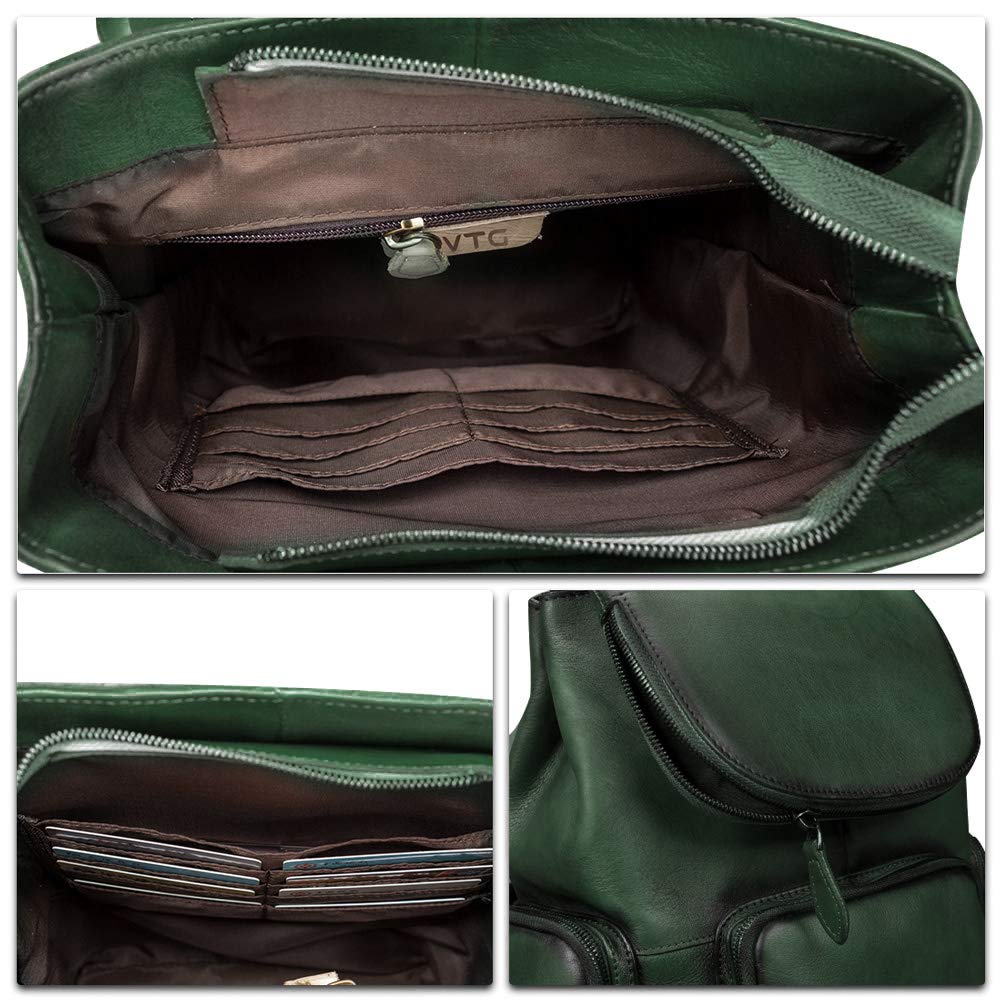 IVTG Genuine Leather Backpack for Women Shoulder Bag Vintage Designer Back Bag Fashion Rucksack Casual Daypack (Green)