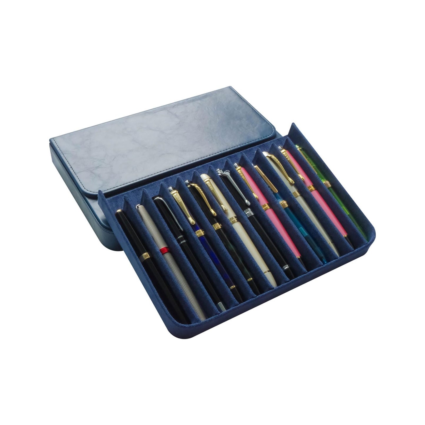 MIVLXLX PU Leather 12 Fountain Pen/Pencil Tray Case Organizer, Fashion Design, Handmade, Magnetic Closure with Drawer, Christmas Gift for Man/Woman/Office, 12 Slots(blue)