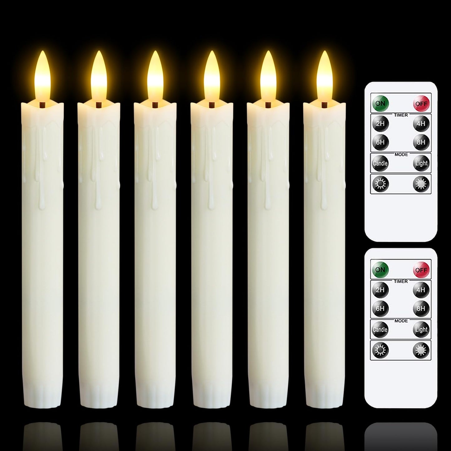 Mavandes Flameless Flickering Taper Candles Two Remote, 7.5 Inch Ivory Battery Operated LED Window Candles Timer,Set of 6 Plastic 3D-Wick Dripping-Wax Effect Flameless Candlesticks(0.86”Dia,Warm Fire)