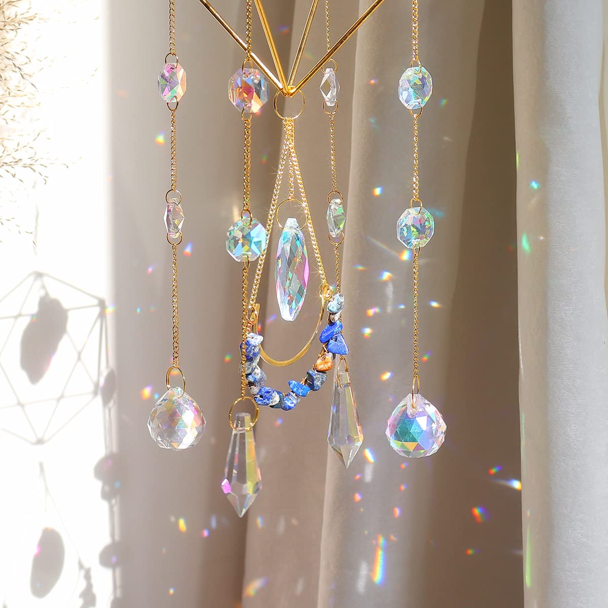 Lapis Lazuli Crystal Suncatcher-Window Hanging Garden Suncatcher Healing Blue Crystal Rainbow Maker Handmade Indoor Outdoor Car Charm Garden Decor
