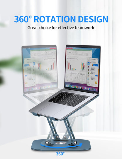 Adjustable Computer Stand with 360 Rotating Base, Ergonimic Foldable Laptop Riser for Desk Compatible with MacBook Pro/Air Notebook up to 16 Inches, Silver