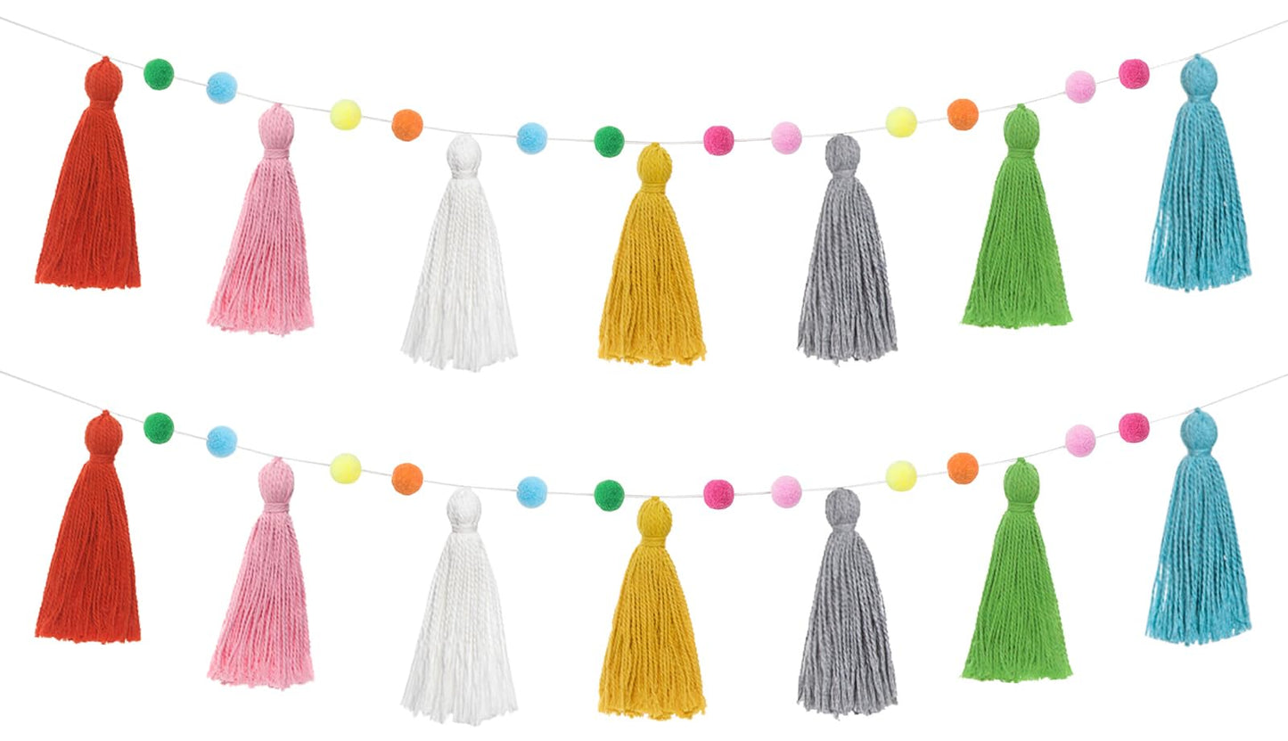 Mkono 2 Pack Tassel Garland Boho Pom Pom Felt Ball String Pastel Banner for Thanksgiving Christmas Birthday Party Decor, Rainbow Wall Hangings for Classroom, Nursery, Kids Girls Bedroom, Baby Shower