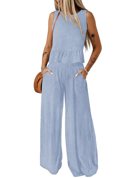 Dokotoo Pants Sets Women 2 Piece Outfits Sleeveless Round Neck Tank Tops Matching Sets for Women Elastic Waist Wide Leg
