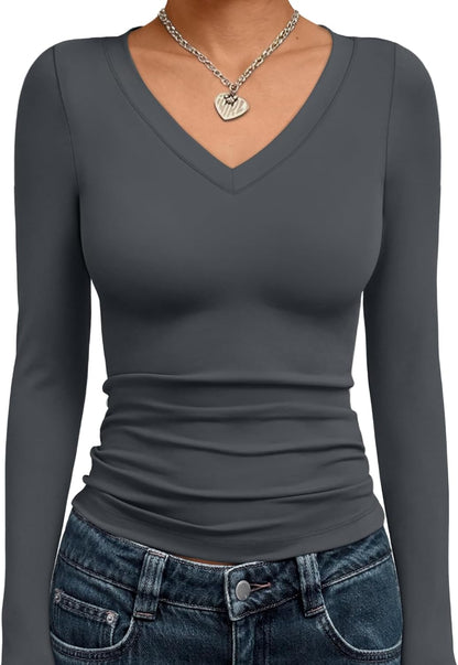 Trendy Queen Long Sleeve Shirts for Women 2025 Fall Fashion V Neck Basics Crop Tops Slim Fitted Y2K Tops Outfits Clothes