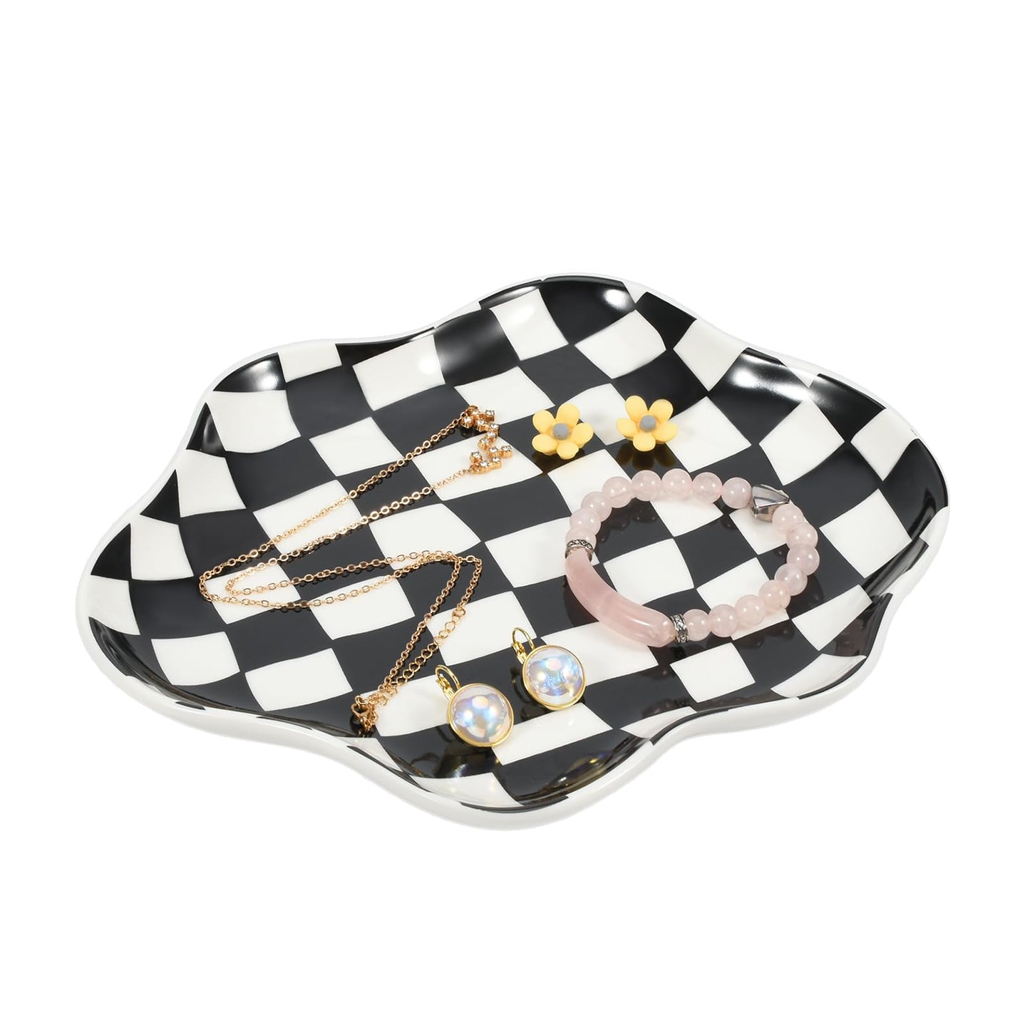 Koythin Jewelry Tray, Ceramic Jewelry Dish Trinket Tray Organizer, Checkered Pattern Aesthetic Decorative for Kitchen, Bathroom (Black and White Checkerboard)
