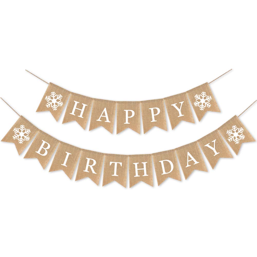 SWYOUN Burlap Happy Birthday Banner with Snowflake Birthday Party Bunting Garland Decoration