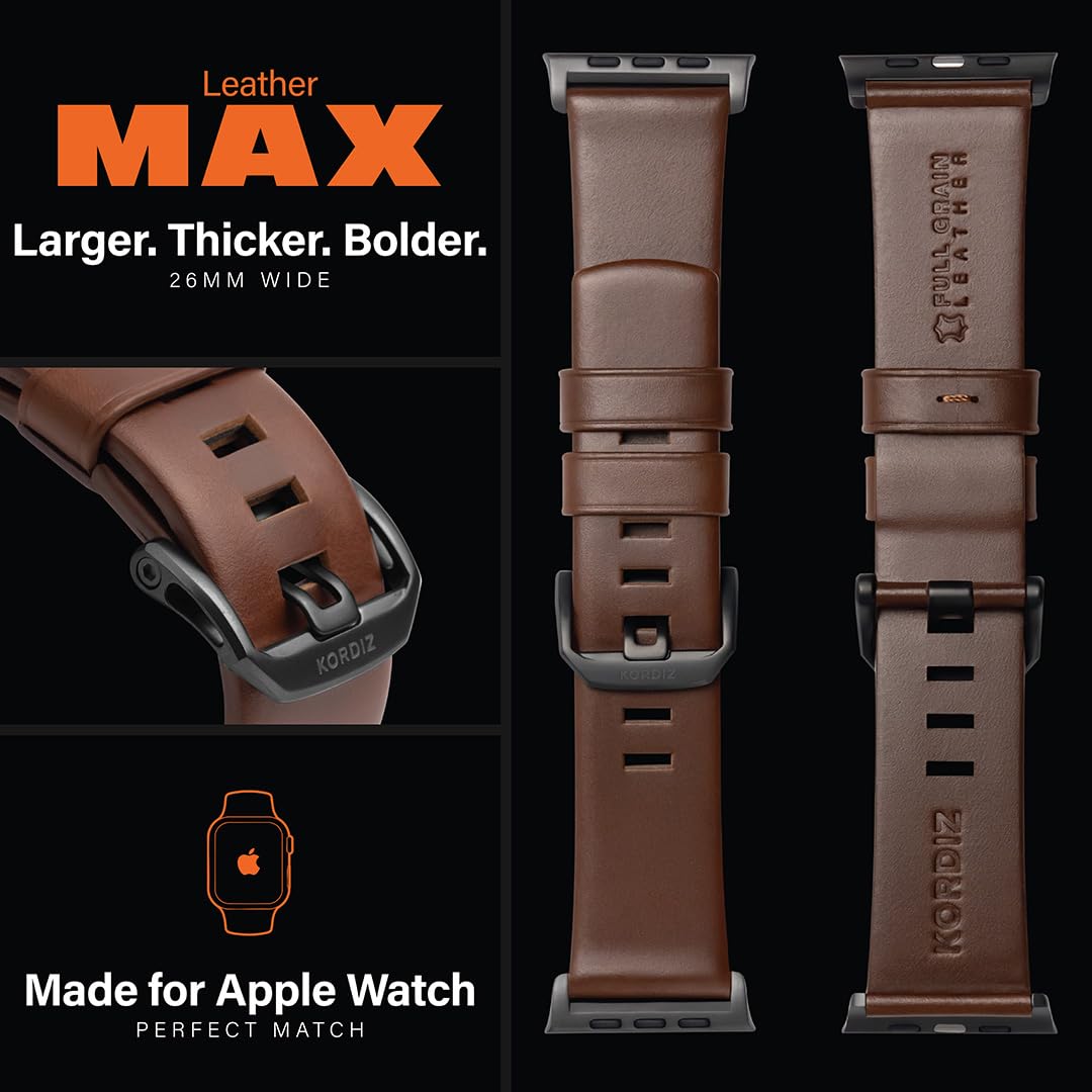 KORDIZ Modern Leather MAX Band for Apple Watch Series 11 10 9 8 7 6 5 & SE3 SE2 SE [46/45/44mm] – Premium Full-Grain Leather Strap for Men, Rugged Modern Design, Stainless Steel Buckle, Comfortable Everyday Fit – 26mm Wide Leather Band (46/45/44mm | Dark