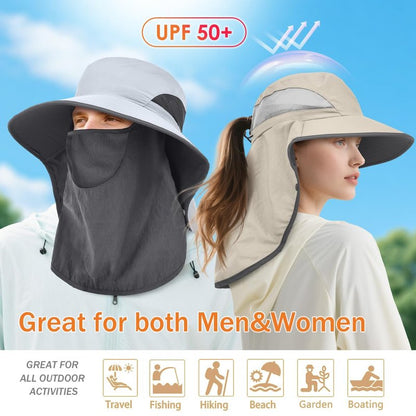 ZEXIAN Men&Women Wide Brim Fishing Ponytail Sun Hat with Removable Face and Neck Flap UPF 50+ UV Protection Safari Cap (US, Alpha, One Size, Khaki)