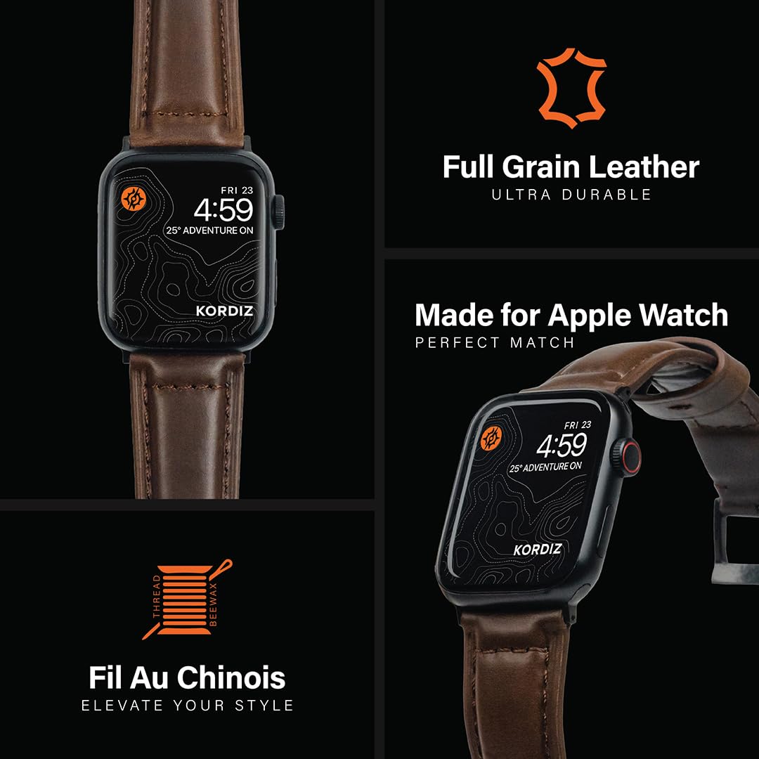 KORDIZ Traditional Leather Band for Apple Watch Series 11, 10, 9, 8, 7, 6 & SE3, SE2, SE [46mm/45mm/44mm] – Full-Grain Genuine Leather Replacement Strap for Men & Women – Classic Wristband Compatible with iWatch (Dark Brown)
