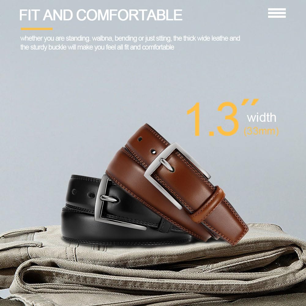 DOOPAI Men's Genuine Leather Dress Belt 2Pack - Handmade Classic Casual and Business Belt, 100% Cow Leather Prong Buckle,