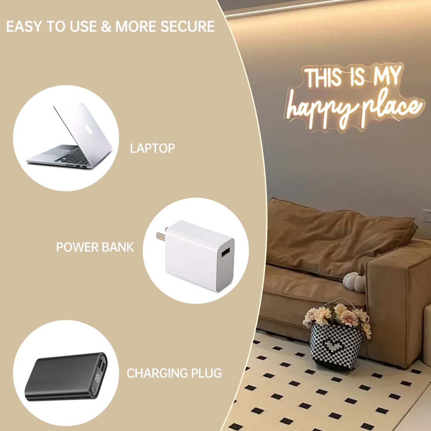 Neon Lights for Wall Decor - This Is My Happy Place Neon Signs for Teen Girls Bedroom Decor, Led Sign for Wall Decor, Nightstand Light, Dimmable Switch USB Power, Adhesive Hook Included