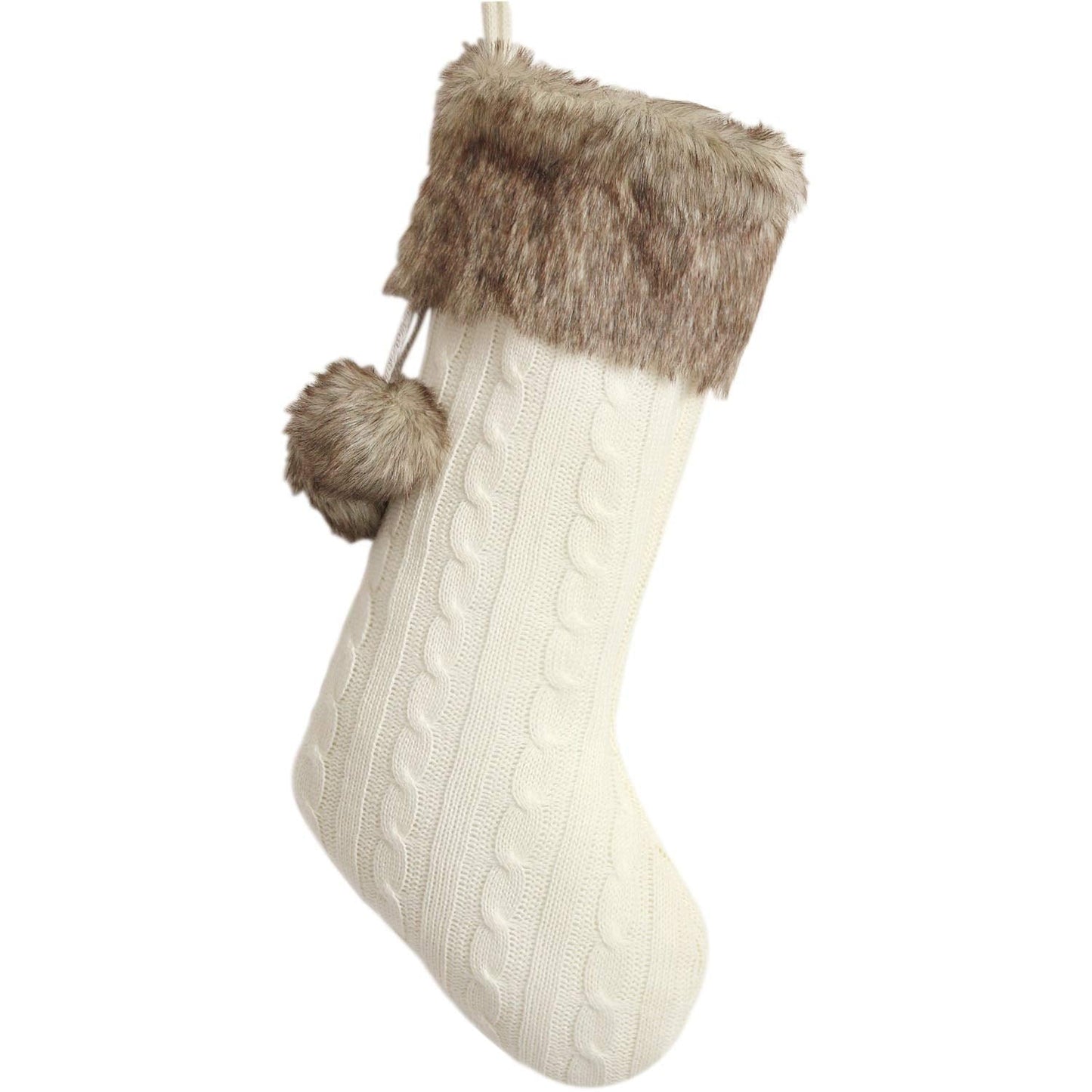 Gireshome Ivory Cable Knitted Body, Faux Fur Cuff with Faux Fur Fluffy Pompom Ball Christmas Stocking, Xmas Tree Decoration Festival Party Ornament - 10"x18"