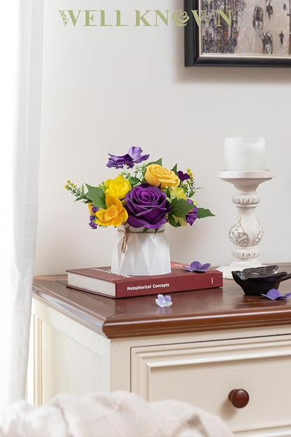 WELL KNOWN Small Fake Flowers in Plastic Vase 7" Centerpieces Coffee Table Decor, Silk Flower Arrangements for Home Decor Indoor Artificial Flower Bouquet for Dining Room Kitchen Wedding Yellow Purple