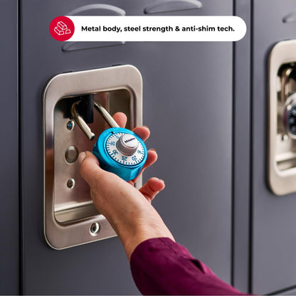 Master Lock Light Blue Gym Locker Lock, Indoor Combination Padlock with Aluminum Cover for School Locker, 3-Digit Code, 1561DLTBLU
