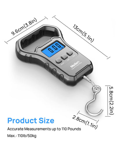 Meilen Fishing Scale,110lb/50kg Hanging Luggage Weigh Scale Unit with Backlit LCD Display, Suitcase Luggage Weigh Divice with Large Handle, Digital Postal Unit Fishing Gifts for Men