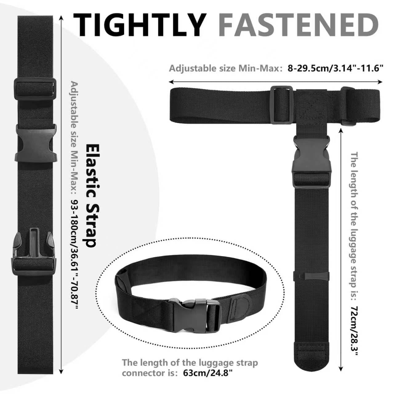 3 Packs Luggage Straps for Suitcases, 2 Luggage Connector Straps & Elastic Strap, Connect Up to 4 Suitcases ＆ Add a Bag, Heavy Duty Adjustable Travel Belt for 20-32 Inch Luggage, Black