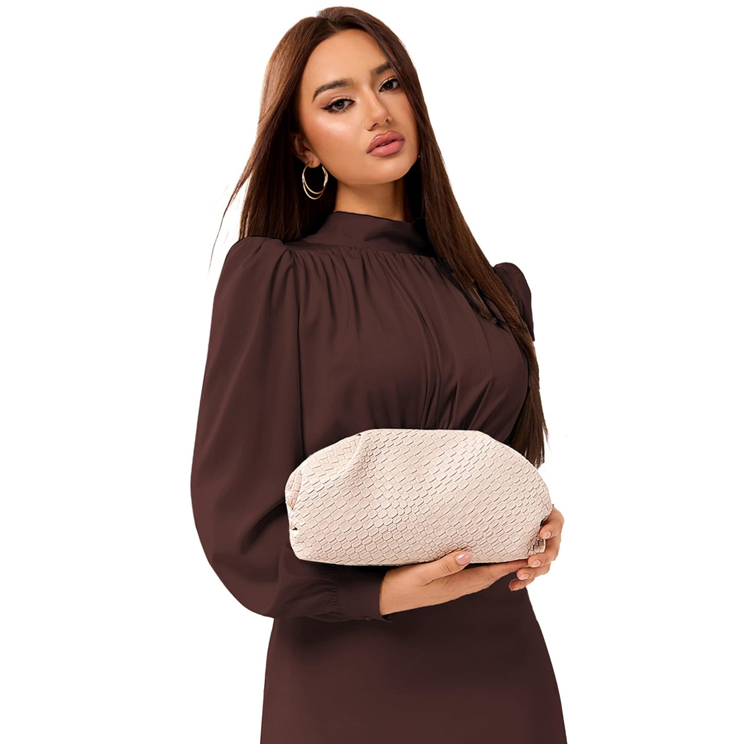 PHILOMENA Women's Woven Evening Bag Vegan Leather Clutch Purse Dumpling Ruched Bag Party Wedding Elegant Handbags (Beige)