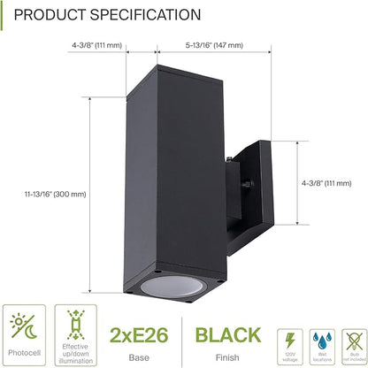 ASD 2 Light Square Dusk to Dawn Outdoor Wall Light Fixture | 120W E26 Bulb Socket 120V ETL Cylinder Up Down Lights | LED/CFL/Incandescent Bulb Wall Sconce | Front Door, Porch, Patio | Black, 2 Pack