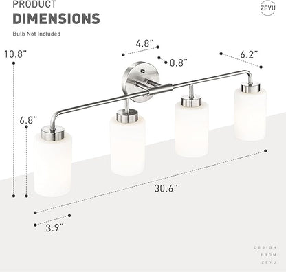 zeyu Brushed Nickel Bathroom Vanity Light, 4-Light Modern Wall Sconce Lights, Milky White Frosted Glass Shades, ZS62B-4W BN