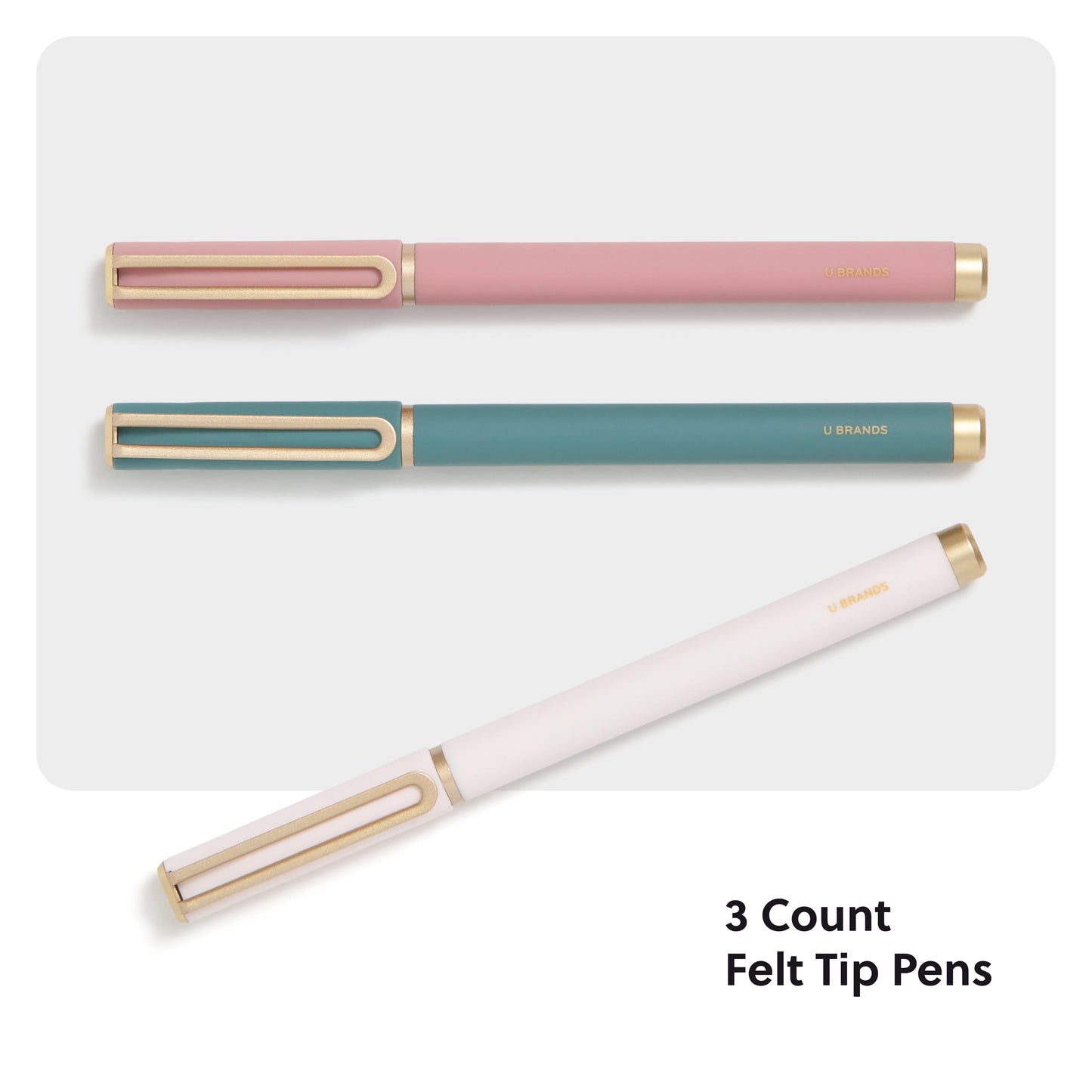 U Brands Catalina Felt Tip Pens with Rose Gold Accents, Medium (0.7 mm) Point, Black Ink, Set of 3, Fashion Soft Touch