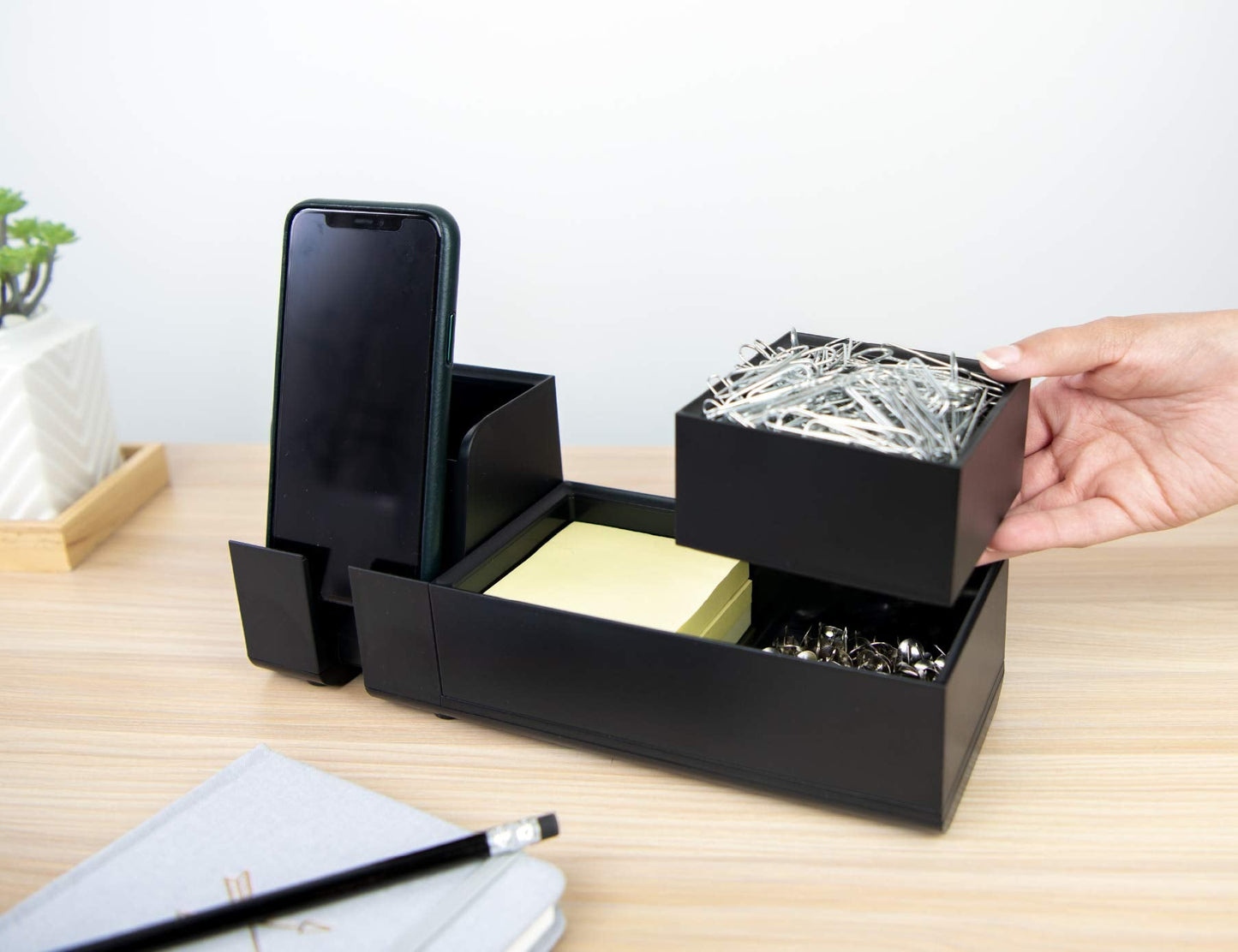 Bostitch Office Konnect Desk Organizer and Charging Station, 2 USB Ports & 2 Plugs, Charges Phones & Tablets, Accessory Tray, 4-Piece Design, Black