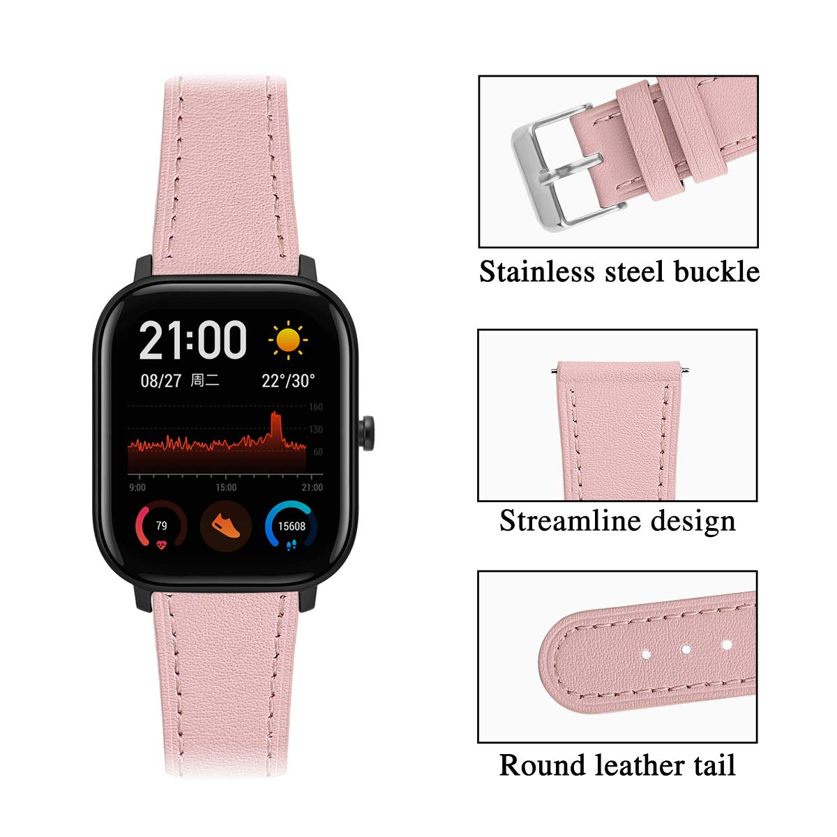 FitTurn Leather Band Compatible with Veryfit IDW13 IDW16 IDW17 IDW19 IDW20 IDW21 IDW23 IDW25 IDW26 IDW28 Smart Watch Genuine Leather Replacement 22MM Sport Wrist Strap Bracelet with Stainless Metal Buckle (Pink,White)