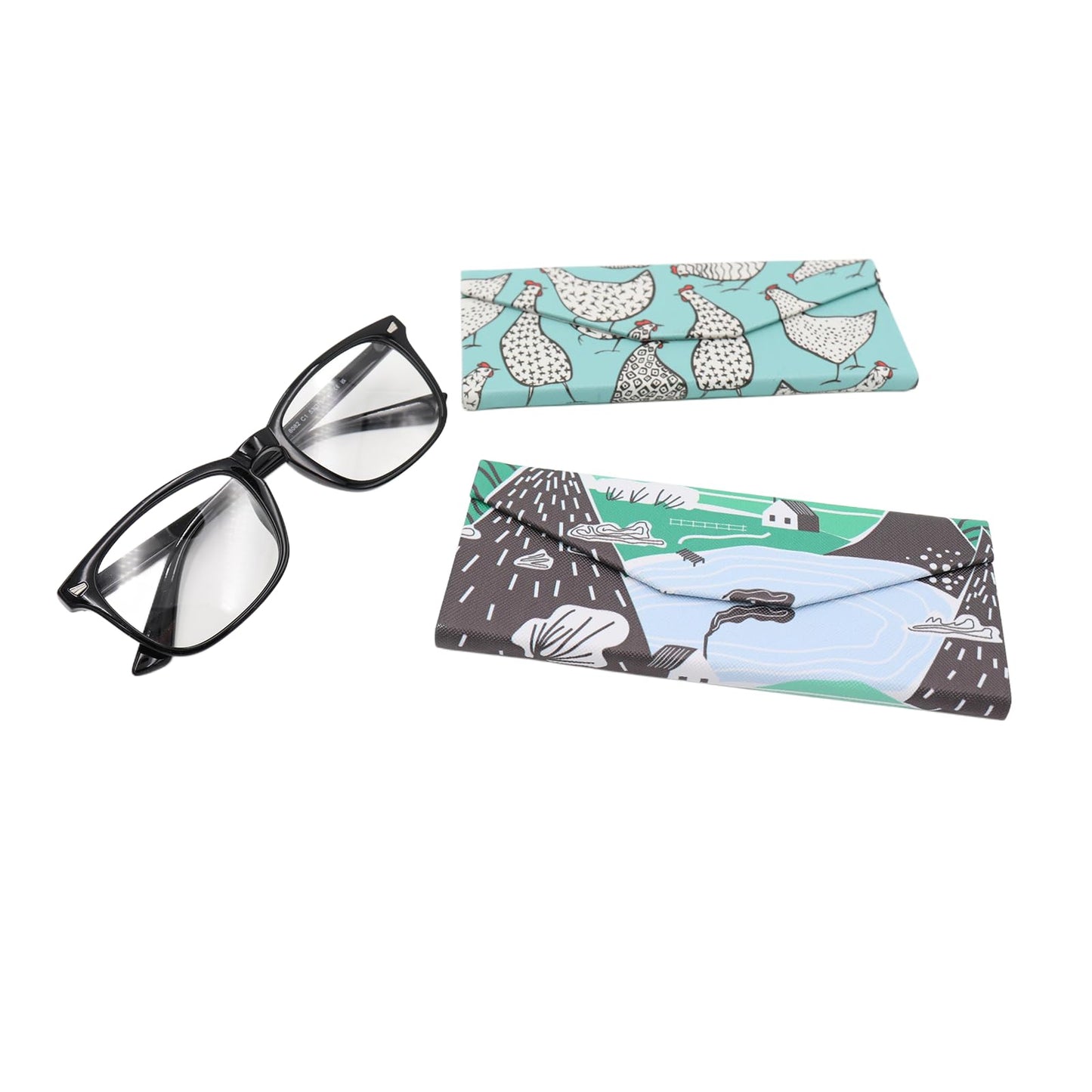 Real Sic Glasses Case for Men and Women - Magnetic Folding Hard Shell Sunglass Holder - Vegan Leather Eyeglass Protector, Variety of Styles Inspired by Adorable Animals - (Chickens & Farmhouse)