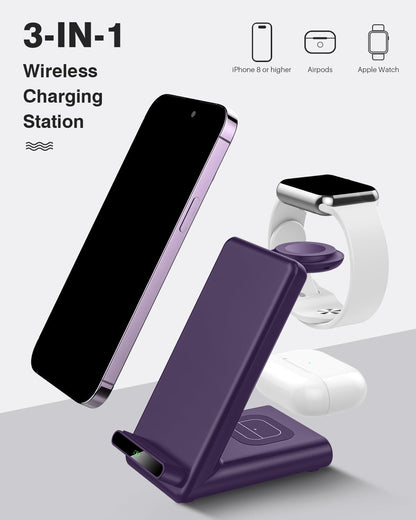 Wireless Charging Station,3 in 1 Charging Stand Made for Apple Watch Ultra 11 10 9 8 7 6 SE 5 4 3,Fast Wireless Charger Made for iPhone 17/Air/16/15/14/13/12,for AirPods Pro(with Adapter) (Black)