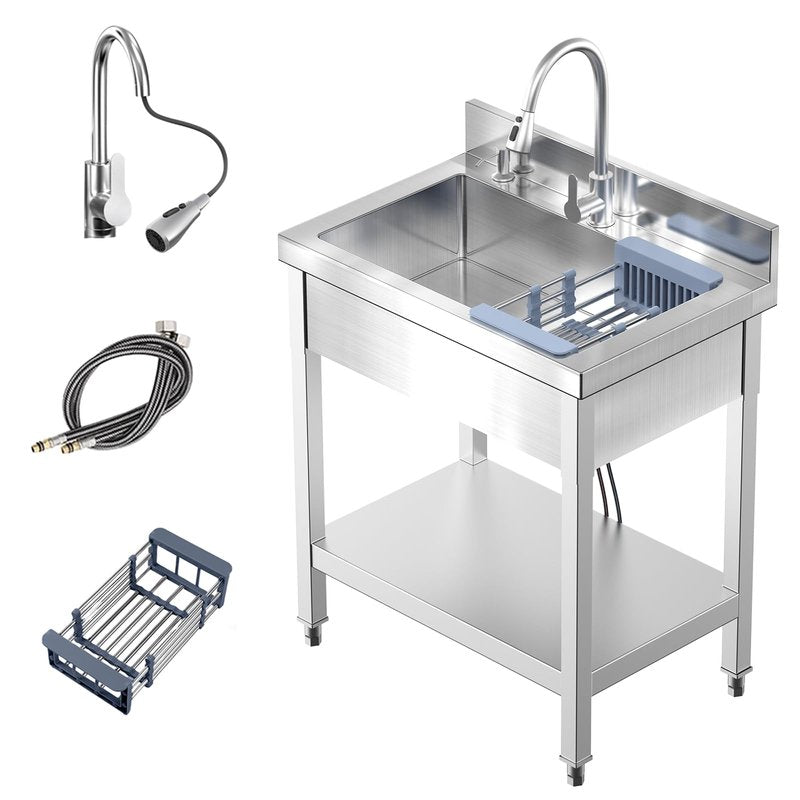 PurezmMoto 28" Commercial Stainless Steel Utility Sink, Single Bowl Freestanding Kitchen Sink with Hot & Cold Water Faucet, Drain Kit & Hoses for Restaurant, Laundry Room, Garage