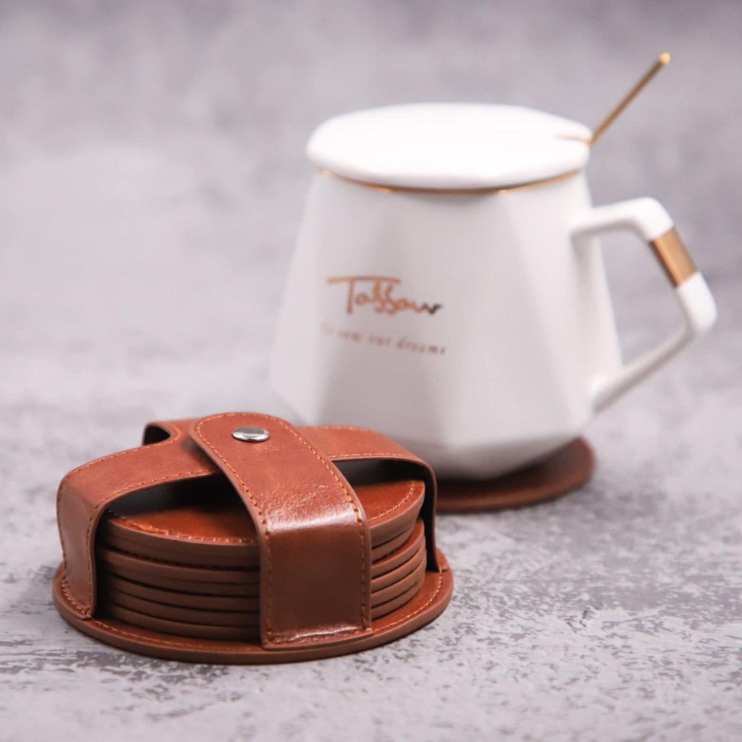 TOSSOW PU Leather Coaster 8 Pcs with Holder, Durable and Non-Slip Coaster for Protection Tabletop, Wooden Table, Desk, Bar, Coasters Fit All Cups (Brown)
