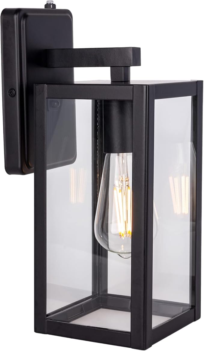 LIT-PaTH Dusk to Dawn Outdoor Wall Lantern, Wall Sconce as Porch Lighting Fixture, E26 Medium Base Max 60W, Anti-Rust Metal with Glass Shade, Black, 1-Pack